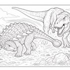 Zwei Dinosaurier kämpfen: Ein gepanzerter mit Keulenschwanz und ein großer mit geöffnetem Maul in einer felsigen Landschaft.