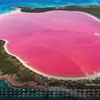 Kalender: Oktober, Lake Hillier, Australien. Luftaufnahme eines rosa Sees, umgeben von Küstenvegetation.