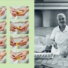 Links Serie von acht Bildern, die das Falten von Pasta zeigen. Rechts eine lächelnde Person in einer Küche mit Teig.