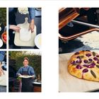 Focaccia mit blauen Trauben und Salbeiblättern. Eine Frau backt Focaccia im Freien, belegt mit Trauben und Salbei.