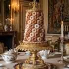 Ein opulentes, turmartiges Gebäck aus Donuts auf einem goldenen Sockel in einem luxuriösen, klassisch dekorierten Raum.