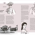 Katharina Schratt, der Gugelhupf und ... Burgschauspielerin Katharina Schratt, Kaiser Franz Joseph I., Kaiserin Elisabeth, genannt »Sisi«. Illustration von Katharina Schratt, Kaiser Franz Joseph und Kaiserin Sisi, dazu ein Gebäude.