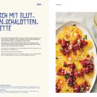 Thunfisch mit Blutorangen-Schalotten-Vinaigrette. Rezepttext und Zubereitung links, rechte Seite zeigt das Gericht.