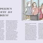 **DIE SPRACHEN DER LIEBE AUF DER ARBEIT** ist der Titel. Text über Beziehungen bei der Arbeit. Illustration von vier Personen am Tisch.