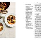 Titel: Boeuf Bourguignon. Zutatenliste für 6-8 Personen mit Zubereitungstipps. Links Fotos von Fleischgericht mit Gemüse.