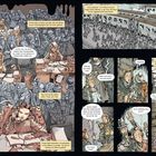 Comic: Menschen warten mit Telegrammen, um Männer an die Grenze zu schicken, während Familien am Bahnhof Abschied nehmen.