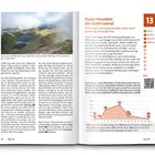 Links: Beschreibung einer Wanderroute, Anweisungen und Tipps. Rechts: Titel "Purple Mountain", Distanz 16 km, QR-Code.