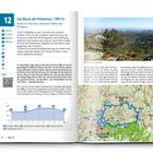 Text: "Les Baux-de-Provence • 190 m", "Rund um eine der schönsten Städte der Provence", "Tour 12", "9,8 km", "03:00 h". 

Illustration eines Wanderführers mit Routenbeschreibung, Höhenprofil und Karte. Foto zeigt Landschaft mit Bäumen.