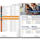 Text links listet Bergtouren inkl. Details zu Höhe und Dauer. Rechts Titel "Die passende Tour", darunter Tourenkategorien mit Beschreibungen und Dauer.