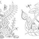 Illustration mit Pilzen, Blumen, Blättern und Schmetterlingen in feinen, detaillierten Mustern, auch Libellen im Flug.