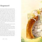 Titel: "Rapunzel". 

Illustration einer Frau mit blonden Haaren, die über eine Mauer schaut. Umgeben von Pflanzen, beobachtet sie Katzen.