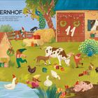 "BAUERNHOF. Ein Elf schläft in einem kleinen Fenster. Wenn du ihn gefunden hast, wecke ihn auf und rufe ‚Muh‘." 

Illustration eines weihnachtlich geschmückten Bauernhofs mit Tieren und Elfen.