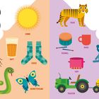 Links steht ein großes "S" mit Sonne, Spinne, Schlange. Rechts ein "T" mit Tiger, Trommel, Traktor. Illustrationen.