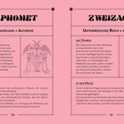 Texte: "BAPHOMET", "Umwandlung", "Alchemie", "ZWIEZACK", "Unterirdisches Reich", "Autorität". Links ein Ziegenwesen, rechts ein Stab.