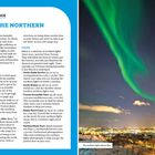 Links blauer Text über Nordlichter, Orte und Touren. Rechts Foto mit grünen Nordlichtern über einer beleuchteten Stadt.