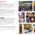 "Walk 4 > Les Îles, Latin Quarter & Saint-Germain-des-Prés. Musée National Eugène Delacroix. Église Saint-Germain-des-Prés. Food & Drink." Text in pink und weiß; Bilder von Cafés, Speisen und Menschen in Paris.