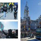 Text oben rechts: "Chairman and Chief Executive Officer Jeffrey Lurie shows off the Vince Lombardi trophy..."

Drei Szenen eines Sportereignisses. Oben links: Menschen jubeln bei einer Parade. Unten links: Person mit "Thank You Fans"-Schild. Rechts: Bus mit "Go Birds" und Menschenmenge vor Gebäude.