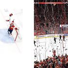 Links: Florida Panthers feiern auf Eis, Ausrüstung in der Luft. Rechts: Fans jubeln, rote und weiße Luftschlangen fallen.