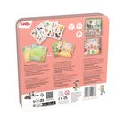 Texte: „Magnetspiel-Box Pferde“, „3+“, „61 pcs“. Illustration liefert eine Szenenbeschreibung mit Karten und Figuren.