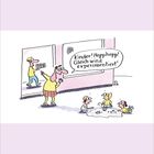 Illustration: Eine Person ruft: "Kinder! Hopp hopp! Gleich wird experimentiert!" Kinder knien am Boden.