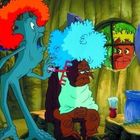Keine Texte sichtbar. Eine skurrile Zeichnung mit zwei Kreaturen, eine am Frisieren, bunte Afrofrisuren. 