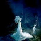 Zwei schemenhafte Gestalten in langen, fließenden Gewändern stehen sich in einer mystischen, dunklen Umgebung gegenüber.