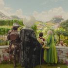 Eine Gruppe von Menschen betrachtet eine bunte, zauberhafte Landschaft mit Hügeln, Bäumen und Pflanzen.