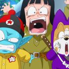 Drei Zeichentrickfiguren mit überraschten Gesichtsausdrücken; eine blaue mit Mütze, eine Person mit schwarzem Haar und ein Hund in lila.