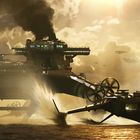 Text: "Ozzimo". 

Illustration mit futuristischen Schiffen im Wasser, die in goldenen Lichtstrahlen fliegen.