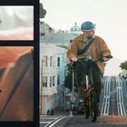 Links zwei Nahaufnahmen von Fahrradteilen; rechts ein Mann mit Helm fährt ein Fahrrad eine städtische Straße hinauf.