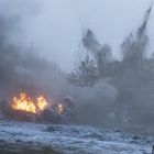 Es gibt keinen Text. Ein umgestürztes Fahrzeug brennt im Schnee. Rauch steigt auf. Eine Person rennt davon.