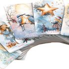 Texte: VOGEL, STERN, REITER, KIND, DAME. Illustrationen auf Karten mit winterlichen Szenen und Figuren.