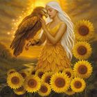 "Eagle & Sunflower. Rising. Higher Vision. Focus." Frau mit Adler, Sonnenblumen und strahlender Sonne im Hintergrund.