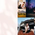 Verschiedene Reisemomente: Frau im Van, Hund mit Frau, Berglandschaften, Sternenhimmel und Winterdorf am See.