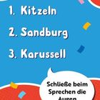 1. Kitzeln 2. Sandburg 3. Karussell. "Schließe beim Sprechen die Augen" in einer Sprechblase. Bunte Konfetti-Dekoration.