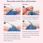 "TRICKS & HACKS: Garnenden einstricken und einweben. Fotos zeigen Hände beim Stricken mit blauer Wolle."