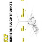 Text: "#17 MEHRERE FLUCHTPUNKTE", "FP1 (SESSEL)", "FP1 (RAUM & KISTE)", "FP2 (SESSEL)", "FP2 (RAUM & KISTE)". 

Eine perspektivische Illustration mit Fluchtpunkten und Möbeln.