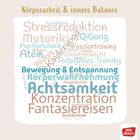 "Körperarbeit & innere Balance" in goldener Schrift. Wörter wie Achtsamkeit, Stressreduktion, Motorik, Fantasiereisen in verschiedenen Farben.
