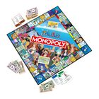 "MONOPOLY", "One Piece" und Spielfeld in buntem Design mit Anime-Charakteren und Monopoly-Spielzubehör.