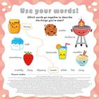 Text oben: "Use your words! Which words go together to describe the things you’ve seen?"  
Illustration mit Honig, Keks, Grill usw.