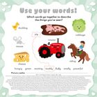 Eine Illustration mit Texten: "duckling", "pig", "cabbage", "mouse", "cheese", "tractor", "riding". Wörter: "hungry", "green", "muddy".