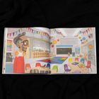 Text: "On Friday afternoon, Mr. Lee looks around the room...". Eine bunte Illustration eines Klassenzimmers mit Tischen, Stühlen und Dekorationen.