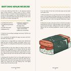 HOT DOG SPAM MUSUBI. Ein Rezept mit Zutaten und einer Anleitung. Eine Illustration eines mit Nori umwickelten Reisstücks.
