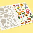 Links graue Blumensilhouetten mit Namen wie "Rose" und "Sunflower". Rechts bunte Blumenillustrationen auf gelbem Hintergrund.