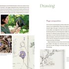"Drawing" und "Page composition" stehen oben. Eine Frau mit Pflanzenbuch, eine Pflanze im Laub und eine Skizze sind zu sehen.