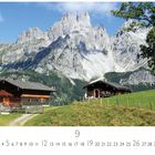„Österreich, Sulzenalm“, Monatskalender für September. Zwei Holzhütten vor beeindruckender Alpenlandschaft.
