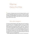 "Meine Geschichte" in orangener Schrift, gefolgt von Text über Erschöpfung und den Beginn von persönlichen Herausforderungen.