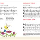 SUMM, SUMM, SUMM. Biene Illustration, fliegt über bunten Blumen. Musiknoten und Texte von Kinderliedern auf der Seite.