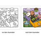 Links: "vor dem Ausmalen", rechts: "nach dem Ausmalen". Skizze und farbige Version von Figuren in einer Achterbahn.