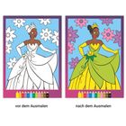 Links: "vor dem Ausmalen". Rechts: "nach dem Ausmalen". Illustration einer Frau im Kleid, mit Blumenmuster.